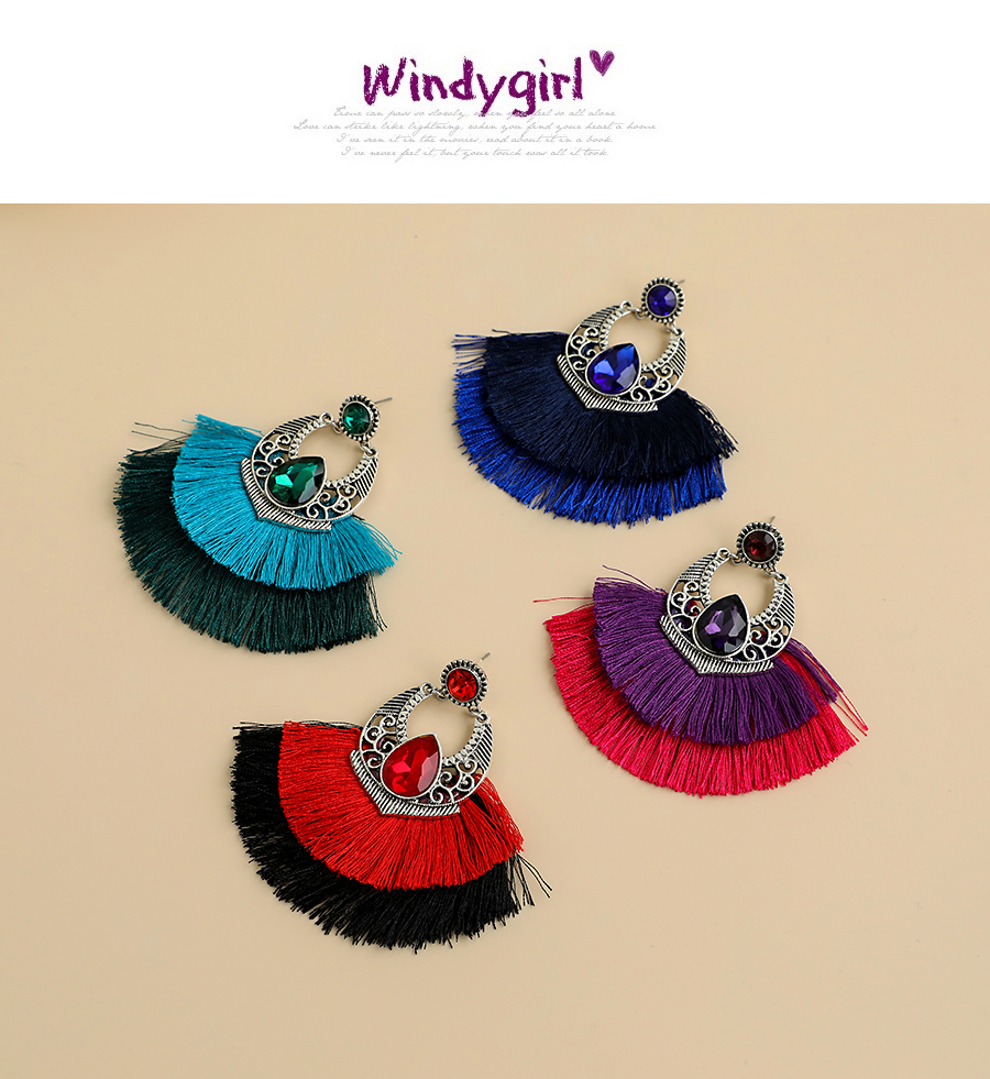  Purple Alloy Diamond-studded Clan Style Double Tassel Earrings,Drop Earrings