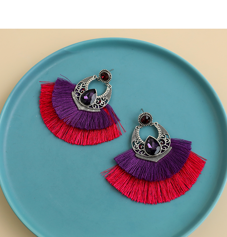  Purple Alloy Diamond-studded Clan Style Double Tassel Earrings,Drop Earrings