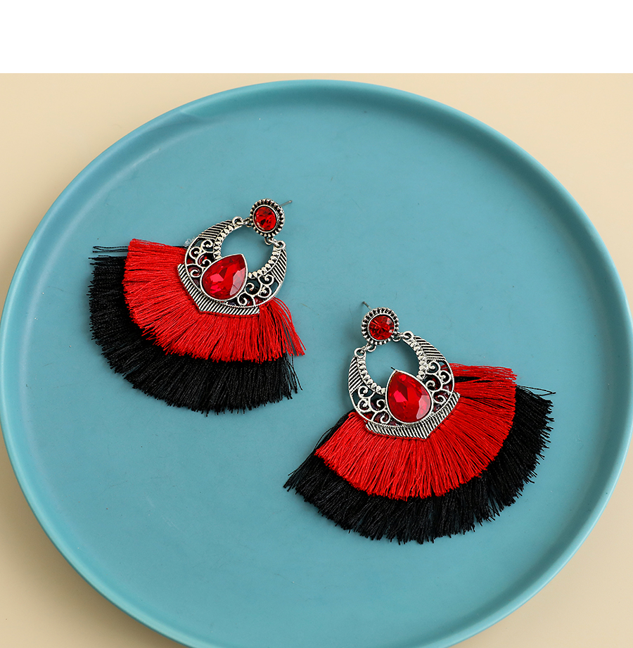  Blue Alloy Diamond-studded Clan Style Double Tassel Earrings,Drop Earrings