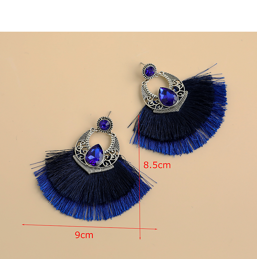  Blue Alloy Diamond-studded Clan Style Double Tassel Earrings,Drop Earrings