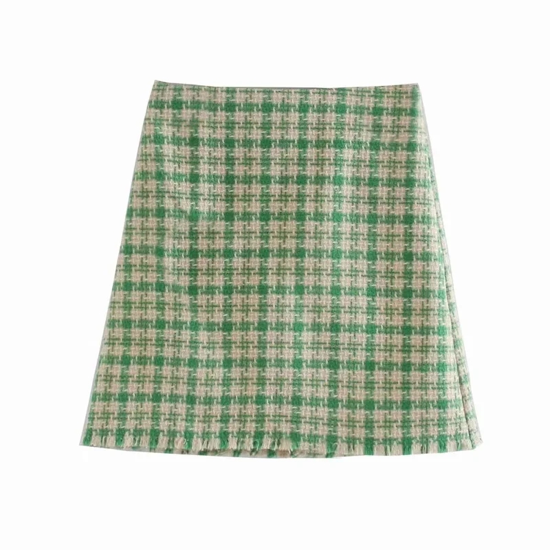 Fashion Green Houndstooth Woolen Skirt,Skirts