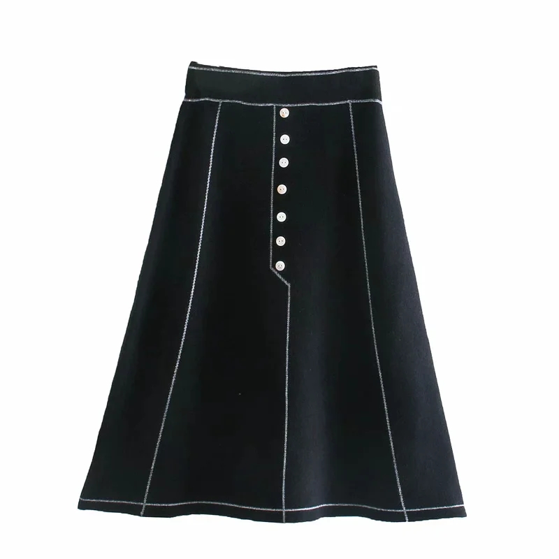 Fashion Black Shell Color Contrast Elastic Waist A Version Knitted Skirt,Skirts