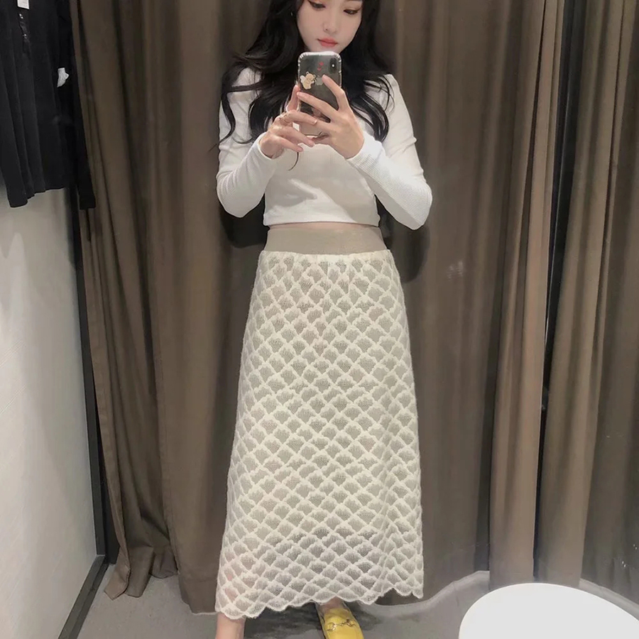 Fashion Heptagonal White Flower Flower Double-sided Knitted Wool Lace Skirt,Skirts
