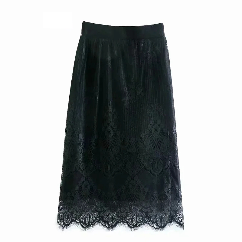 Fashion Heptagonal Black Flower Flower Double-sided Knitted Wool Lace Skirt,Skirts