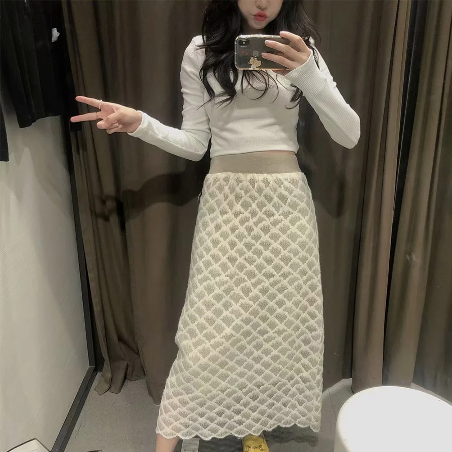 Fashion Fish Scale Apricot Flower Double-sided Knitted Wool Lace Skirt,Skirts