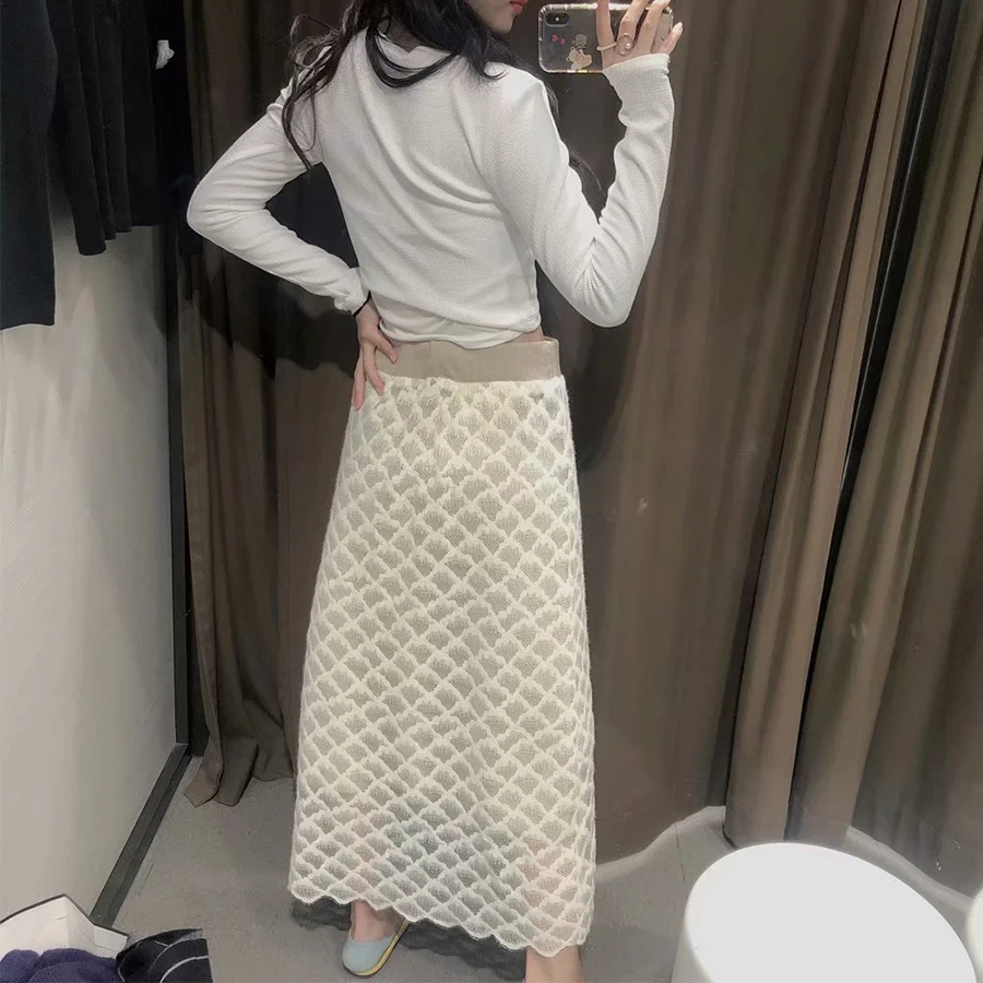 Fashion Fish Scale Apricot Flower Double-sided Knitted Wool Lace Skirt,Skirts