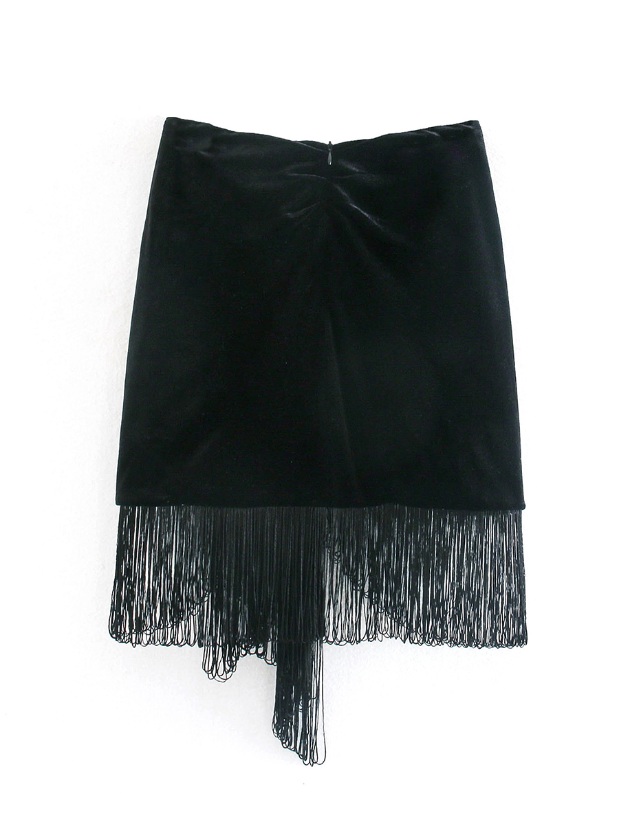 Fashion Black Velvet Fringed Skirt,Skirts