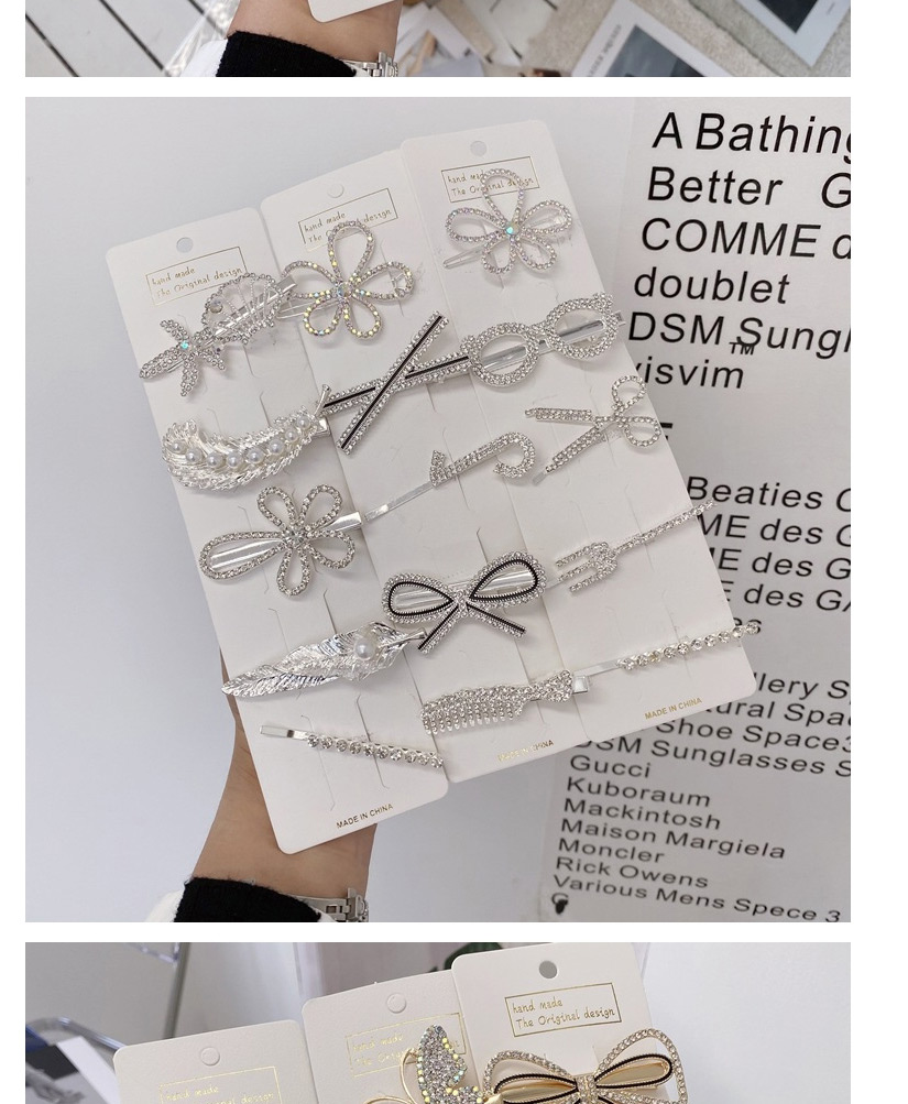 Fashion Silver Bow Alloy Butterfly Flower Feather Pearl Geometric Hairpin Set,Hairpins