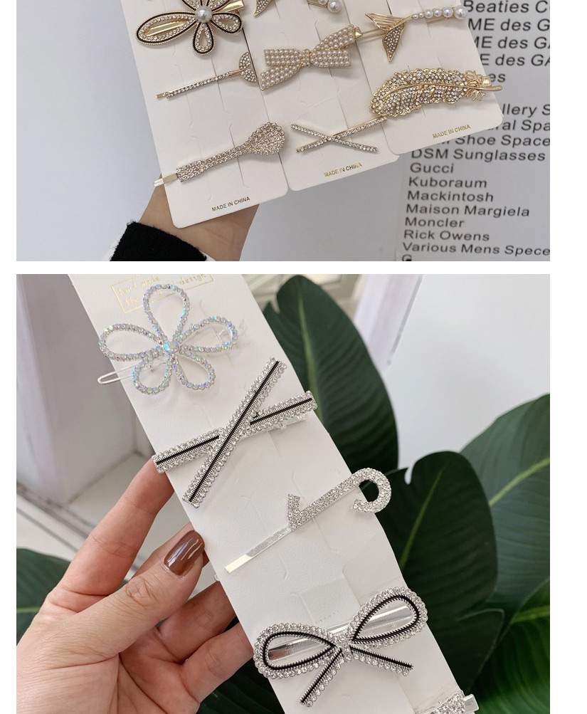 Fashion Silver Bow Alloy Butterfly Flower Feather Pearl Geometric Hairpin Set,Hairpins