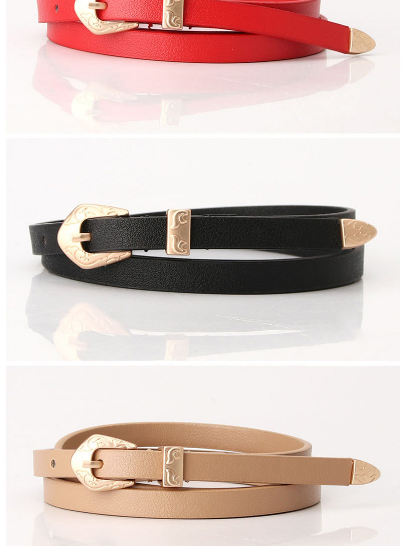 Fashion Khaki Thin Leather Belt Carved Buckle Alloy Belt,Thin belts