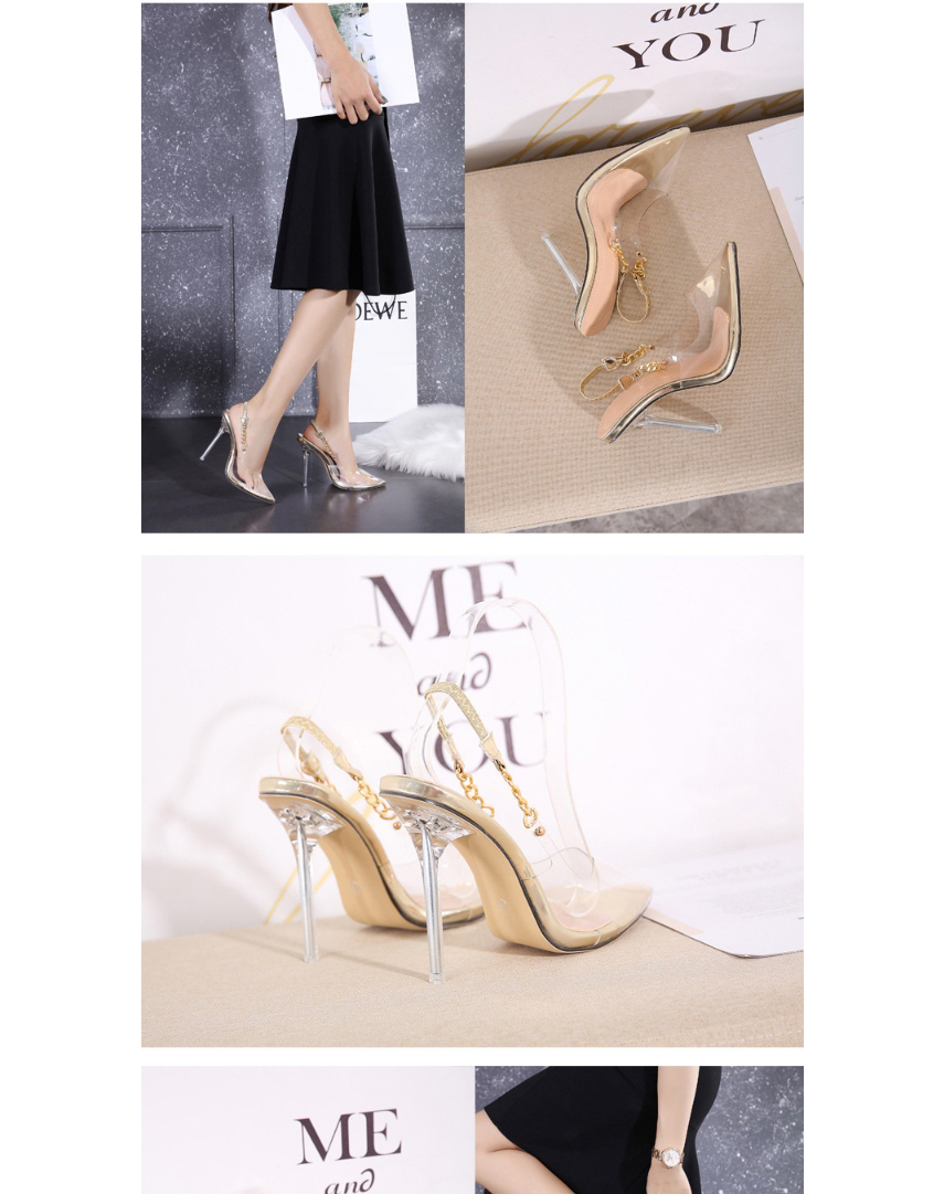 Fashion Golden Metal Chain Transparent Pointed Toe Stiletto Sandals,Slippers