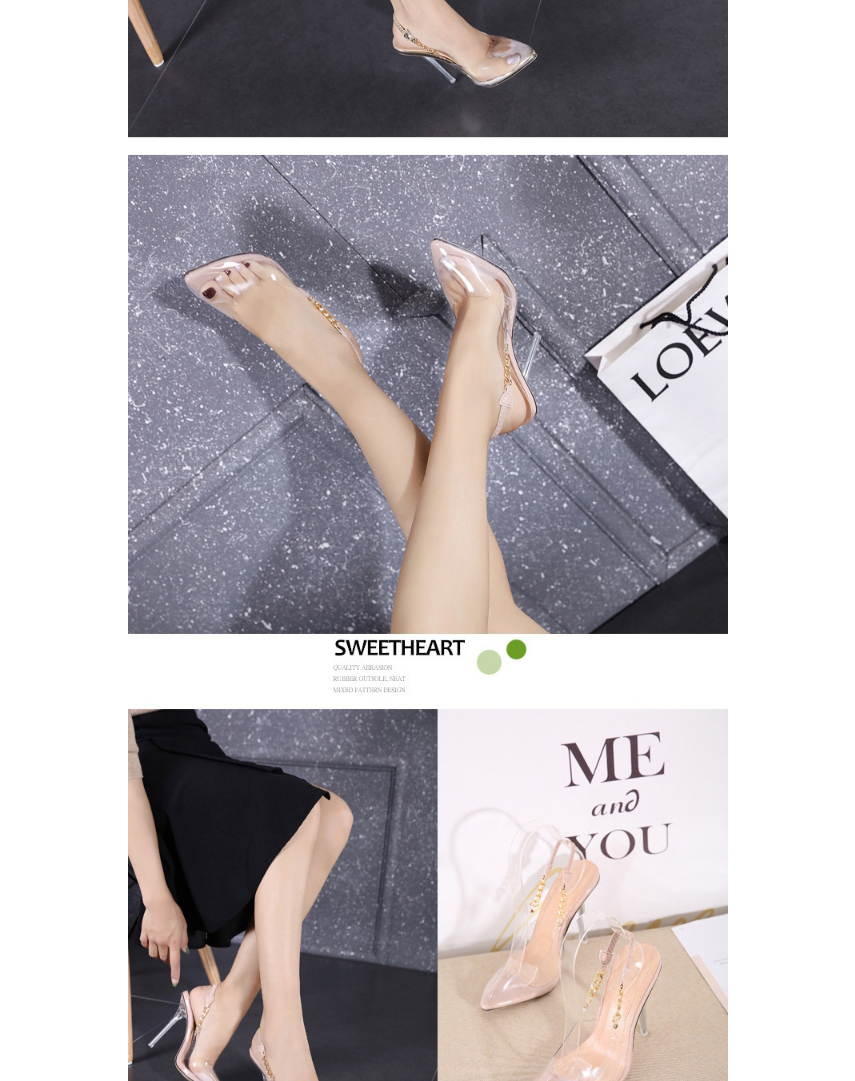 Fashion Black Metal Chain Transparent Pointed Toe Stiletto Sandals,Slippers