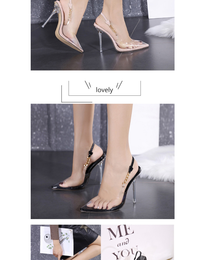 Fashion Black Metal Chain Transparent Pointed Toe Stiletto Sandals,Slippers