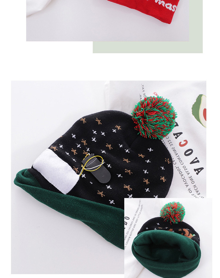 Fashion Red And White Elk Christmas Wool Ball Thickened Contrast Printing Knitted Hat (without Light),Knitting Wool Hats