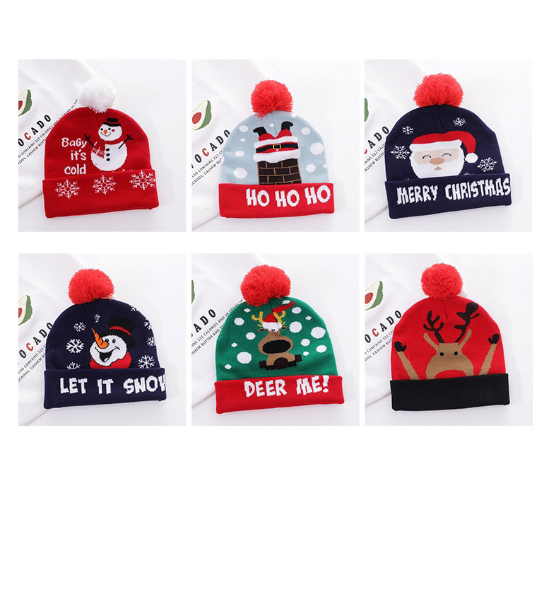 Fashion Dark Green Snow Doll Christmas Wool Ball Flanging Printing Contrast Color Knitted Hat (without Light),Knitting Wool Hats