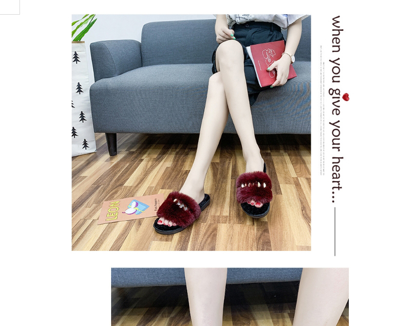 Fashion Pink Plus Velvet Thickened Word Plush Slippers,Slippers