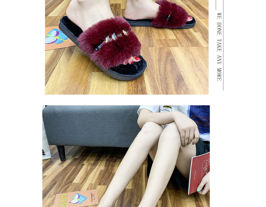 Fashion Wine Red Plus Velvet Thickened Word Plush Slippers,Slippers