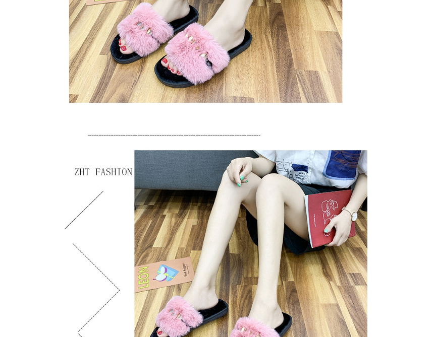Fashion Pink Plus Velvet Thickened Word Plush Slippers,Slippers