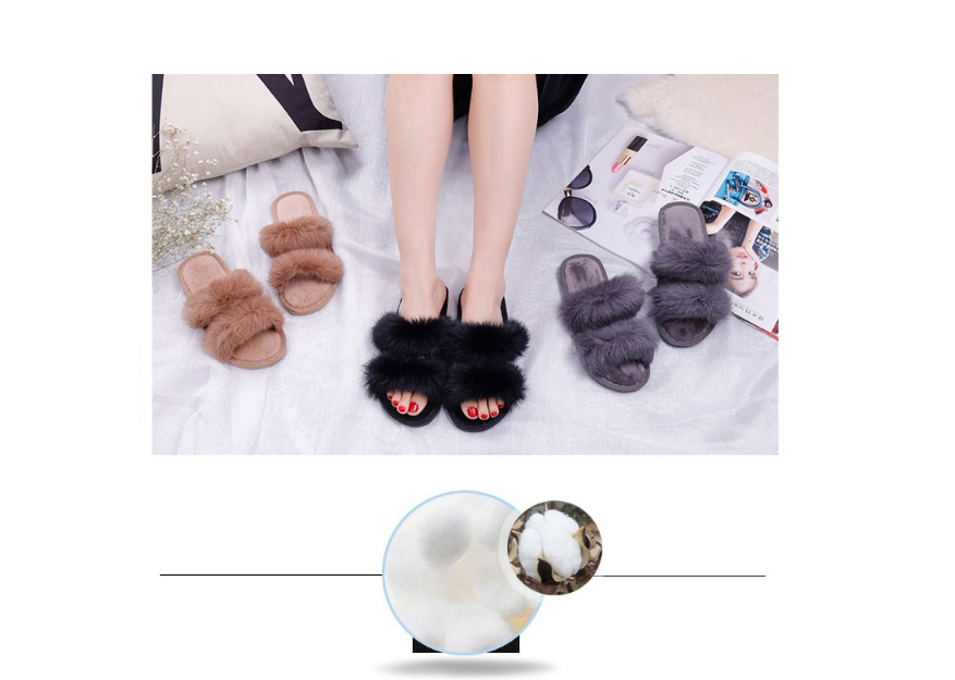 Fashion Black Flat Indoor Slippers With Real Rabbit Fur,Slippers