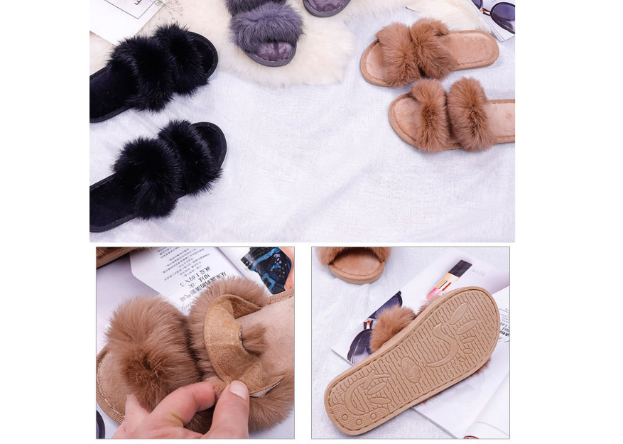 Fashion Gray Flat Indoor Slippers With Real Rabbit Fur,Slippers