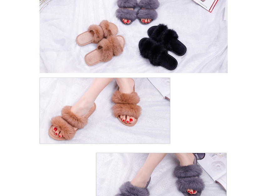 Fashion Khaki Flat Indoor Slippers With Real Rabbit Fur,Slippers