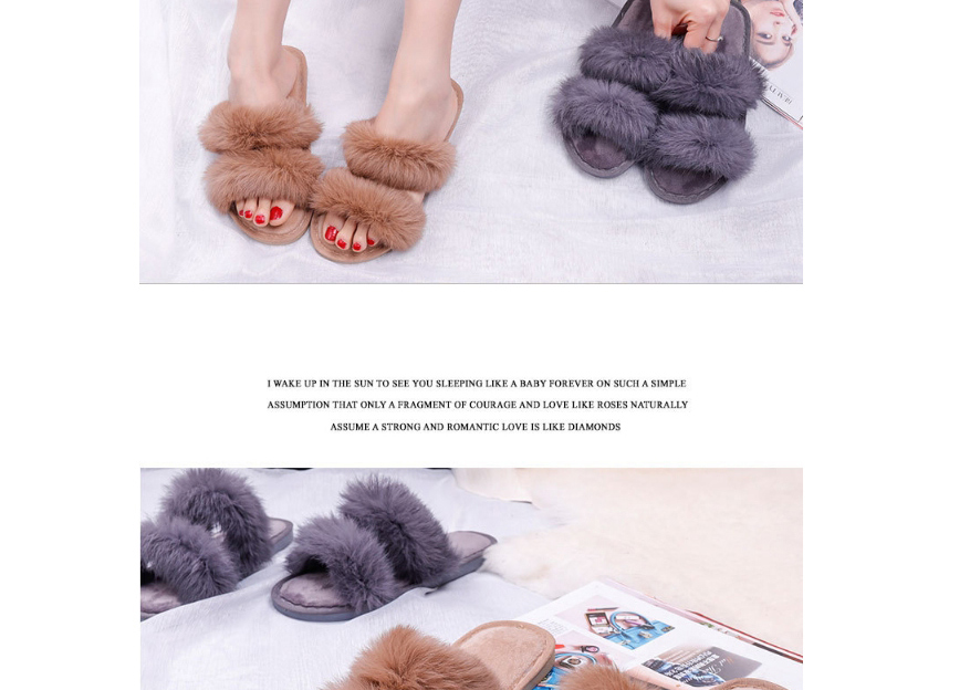 Fashion Khaki Flat Indoor Slippers With Real Rabbit Fur,Slippers