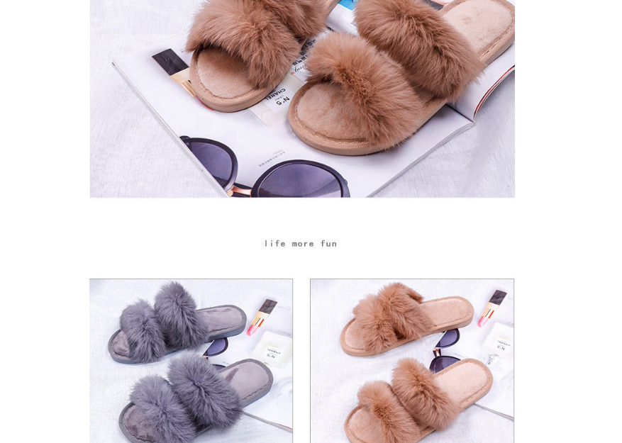 Fashion Gray Flat Indoor Slippers With Real Rabbit Fur,Slippers
