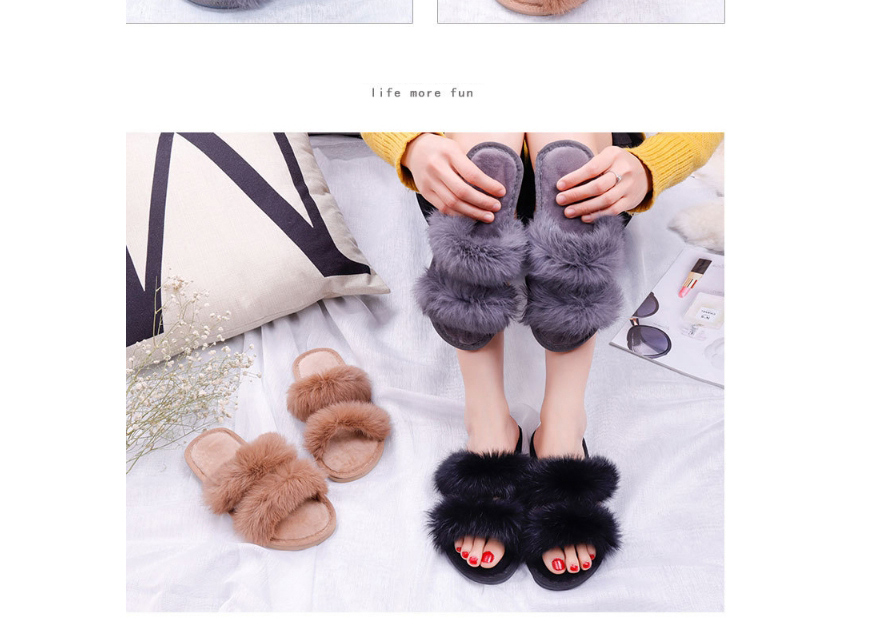 Fashion Black Flat Indoor Slippers With Real Rabbit Fur,Slippers