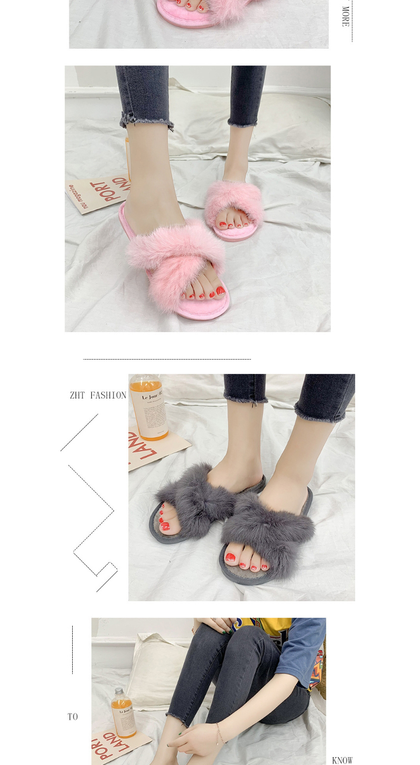 Fashion Pink Rabbit Fur Household Cross-slip Wear-resistant Slippers,Slippers