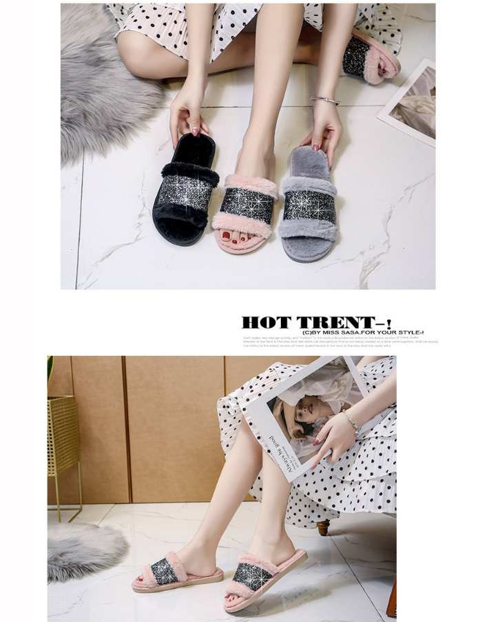 Fashion Black Plush Open-toed Slippers,Slippers