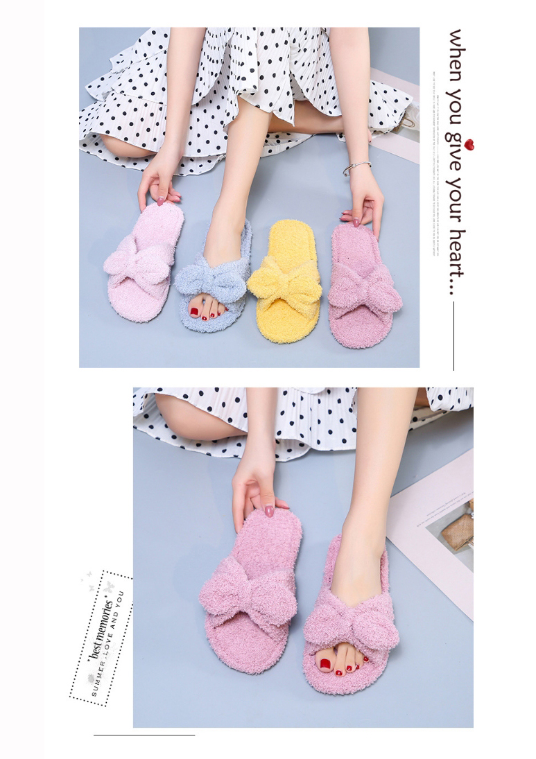 Fashion Gray Plush Slippers With Cross Teddy Hair Bow,Slippers