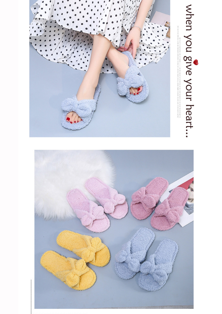 Fashion Gray Plush Slippers With Cross Teddy Hair Bow,Slippers