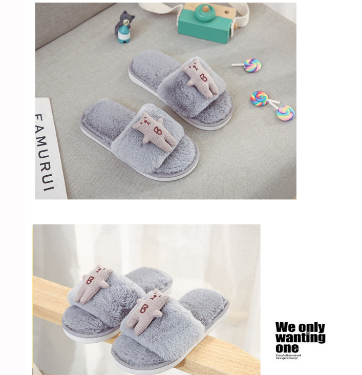 Fashion Gray Plush Bear Flat Children S Cotton Slippers,Slippers