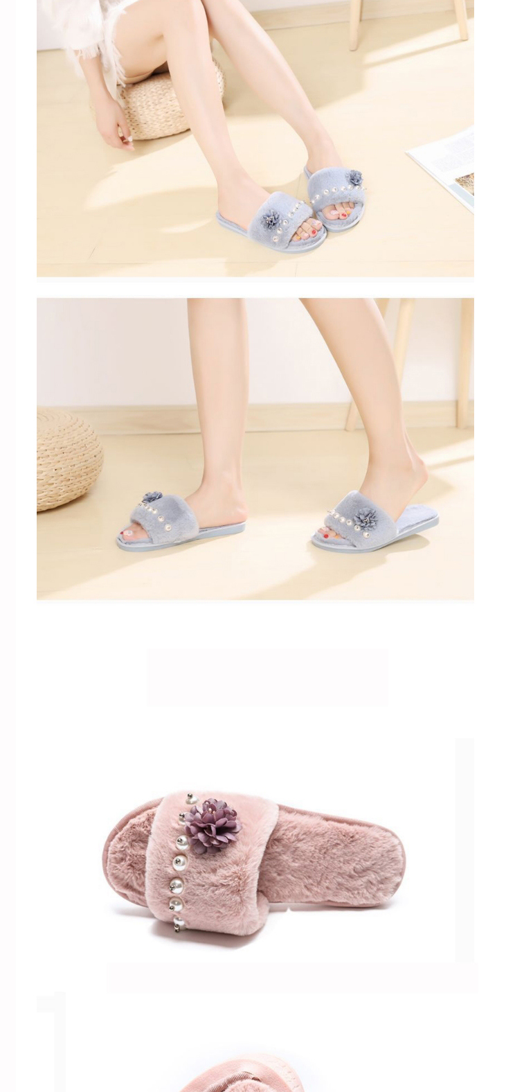 Fashion Light Pink Flower Pearl Flat-bottomed Plush Slippers,Slippers