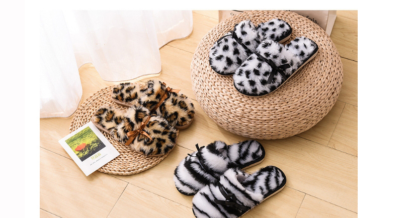 Fashion Covered Leopard Beige Leopard Print Bow Parent-child Plush Slippers,Slippers