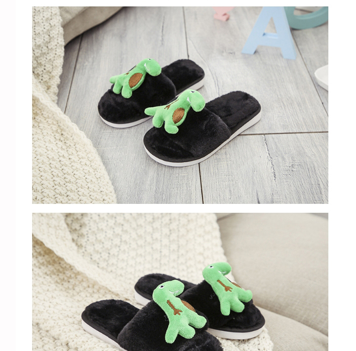 Fashion Black Little Green Dragon Dinosaur Plush Flat-bottomed Plush Slippers,Slippers