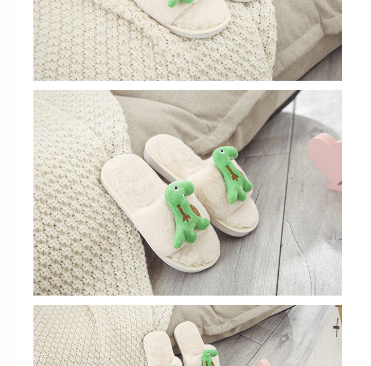 Fashion Beige Little Green Dragon Dinosaur Plush Flat-bottomed Plush Slippers,Slippers