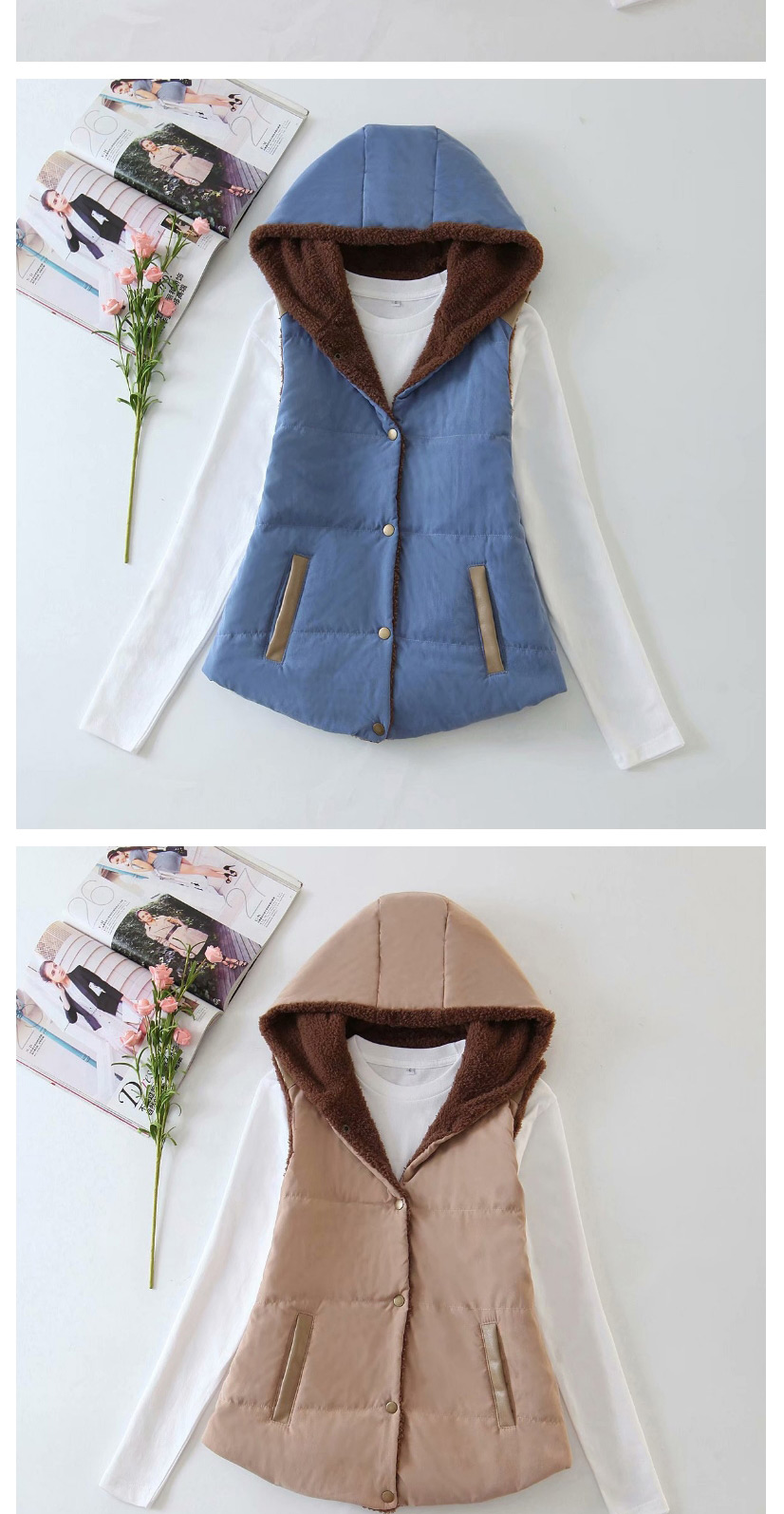 Fashion Khaki Hooded Single-breasted Plus Size Vest Vest,Coat-Jacket
