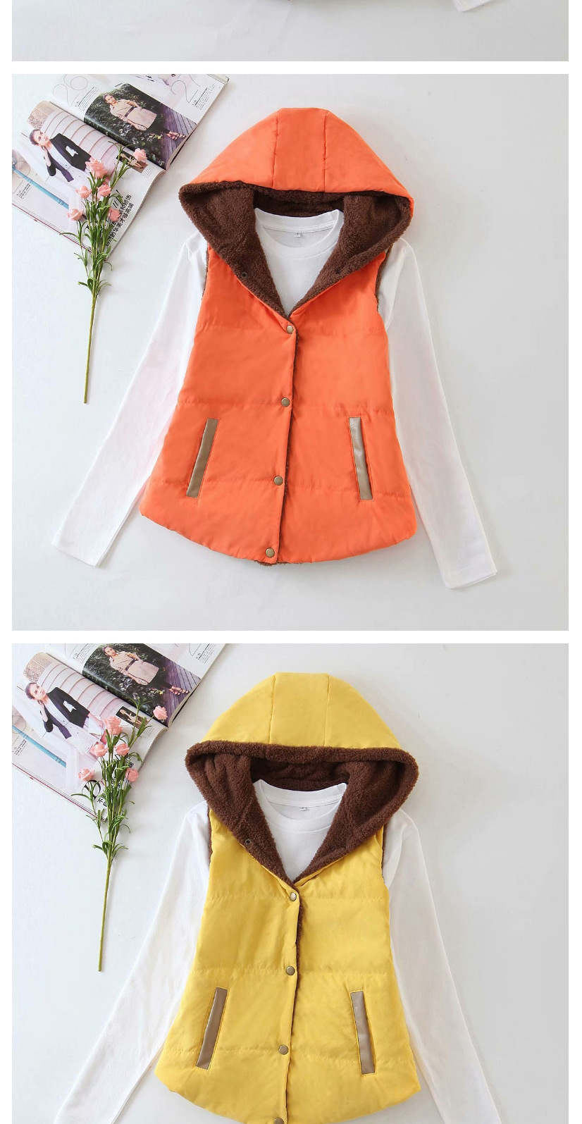 Fashion Yellow Hooded Single-breasted Plus Size Vest Vest,Coat-Jacket