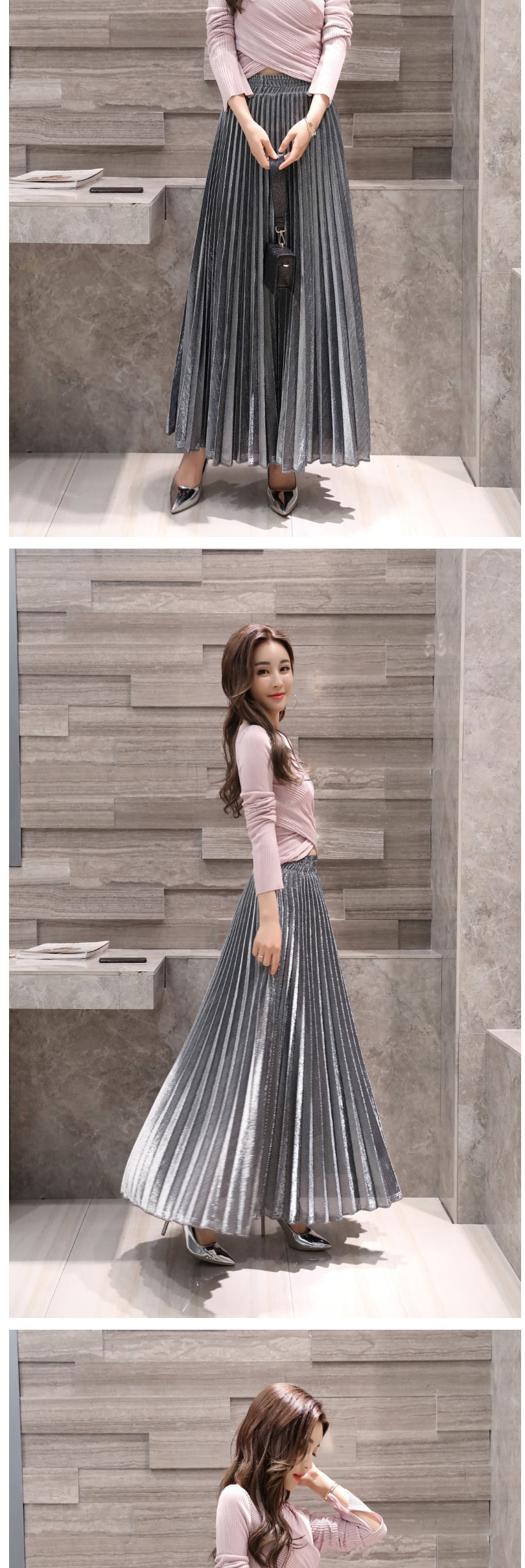 Fashion Silver Pleated Elastic Waist Plus Size Skirt,Skirts