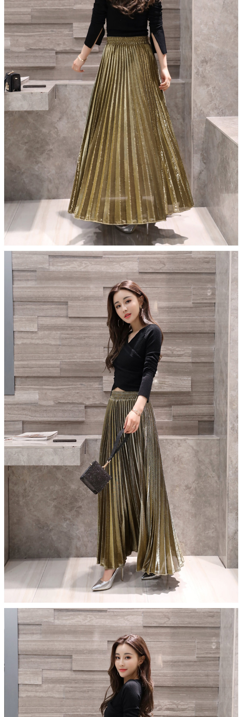 Fashion Golden Pleated Elastic Waist Plus Size Skirt,Skirts