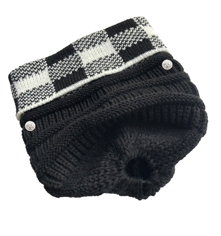 Fashion Black+white Grid Buttoned Large Lattice Curled Knitted Ponytail Hat,Knitting Wool Hats
