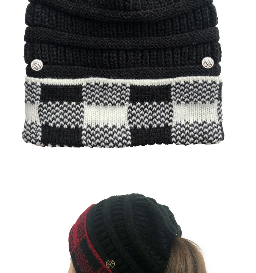 Fashion Black+white Grid Buttoned Large Lattice Curled Knitted Ponytail Hat,Knitting Wool Hats