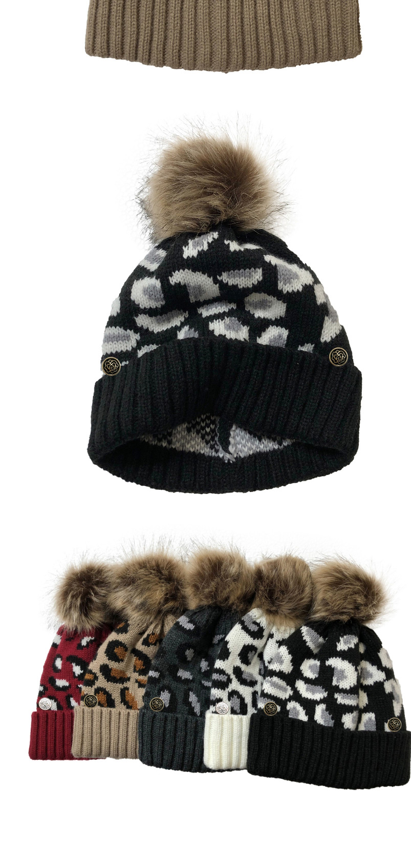 Fashion Claret Leopard Print Curled Button Fur Ball Knit Hat,Knitting Wool Hats