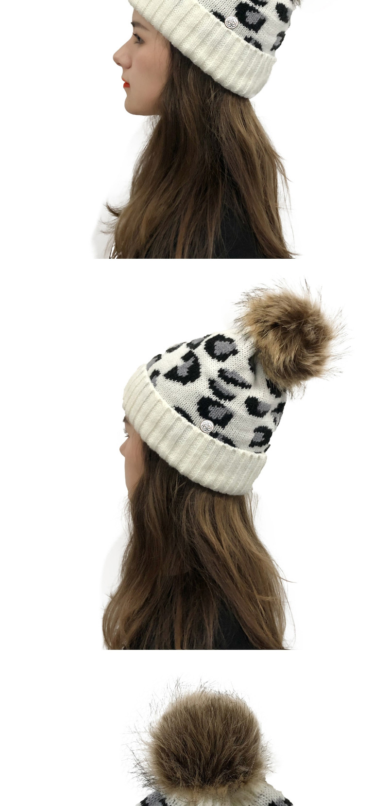 Fashion White Leopard Print Curled Button Fur Ball Knit Hat,Knitting Wool Hats