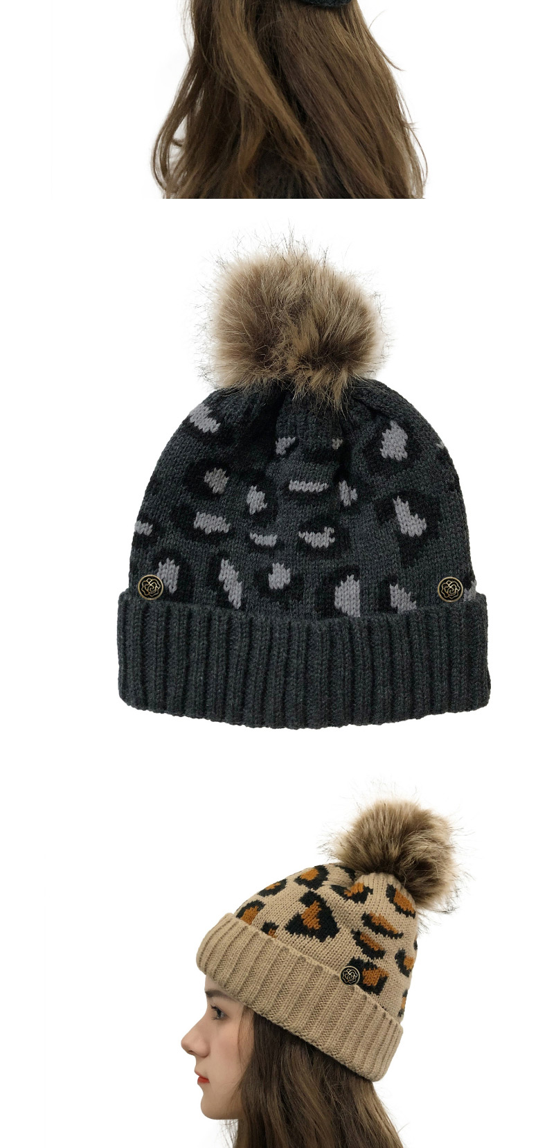 Fashion Claret Leopard Print Curled Button Fur Ball Knit Hat,Knitting Wool Hats