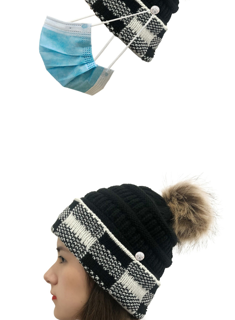 Fashion Black+white Grid Large Square Check Color Block Wool Ball Knitted Hat,Knitting Wool Hats