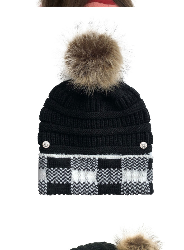 Fashion Black+red Grid Large Square Check Color Block Wool Ball Knitted Hat,Knitting Wool Hats