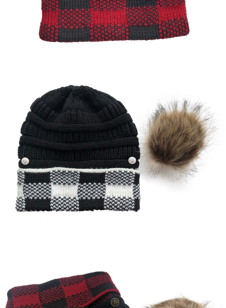 Fashion Black+red Grid Large Square Check Color Block Wool Ball Knitted Hat,Knitting Wool Hats