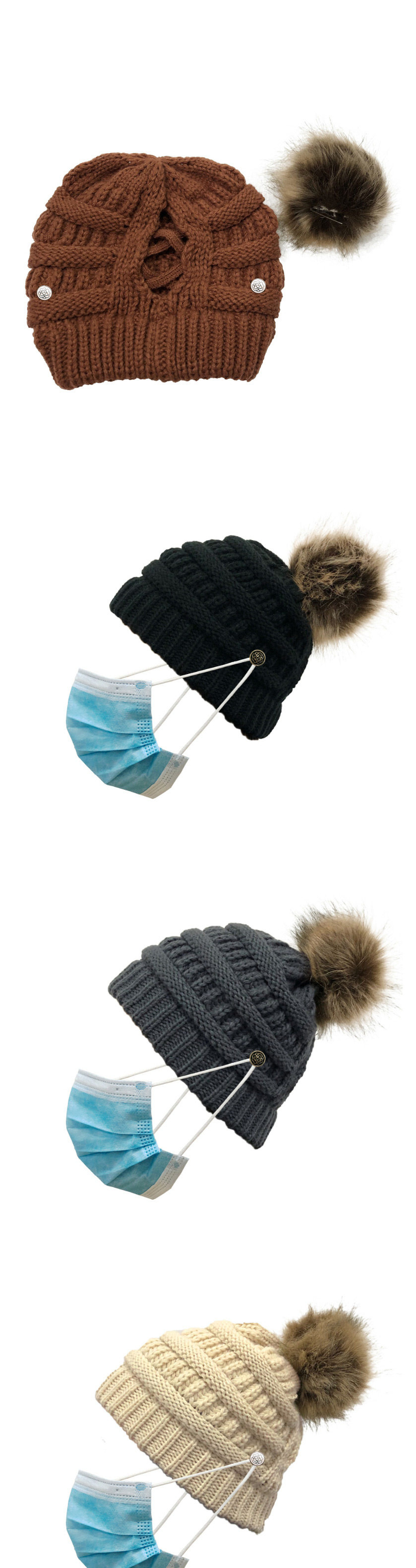 Fashion Black Flowers Button Knitted Cross-belt Woolen Hat,Knitting Wool Hats